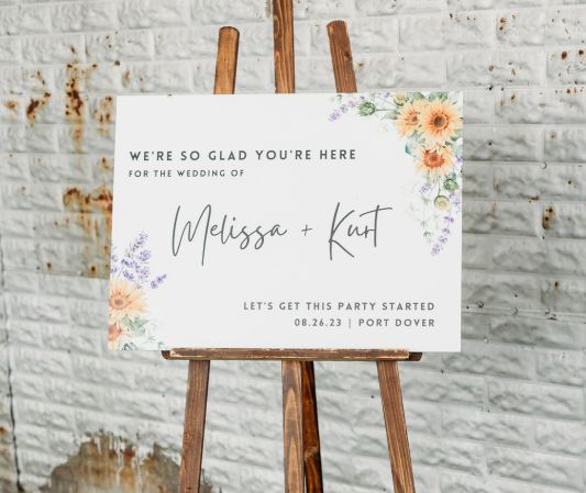 welcome sign for a wedding day with sunflower graphics